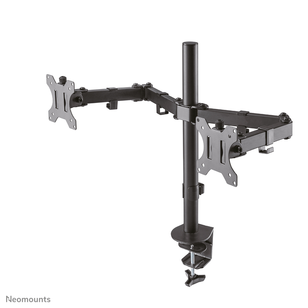 A black dual monitor stand. It has a vertical pole with two arms extending to hold monitors. A clamp at the bottom attaches it.