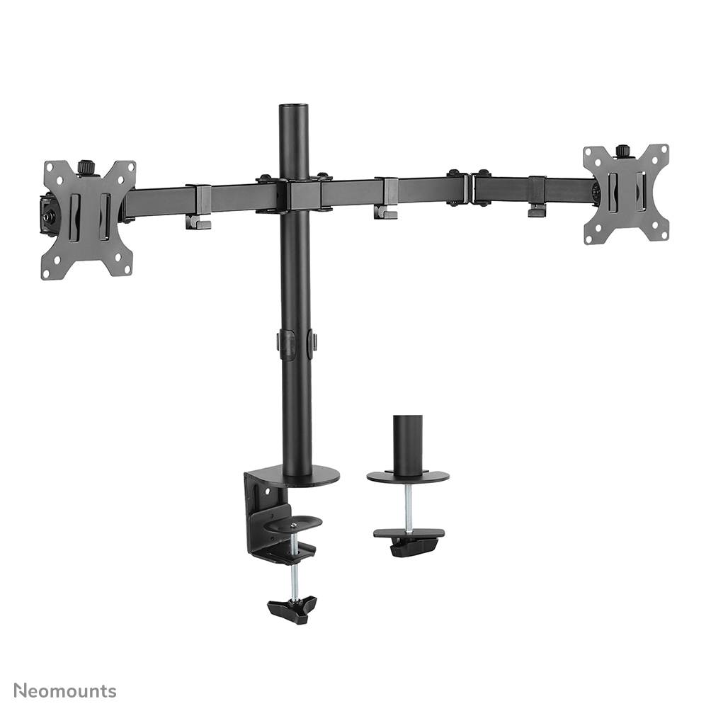 Black dual monitor stand. It has a vertical pole with two horizontal arms. Each arm holds a monitor mount. A desk clamp is also visible.