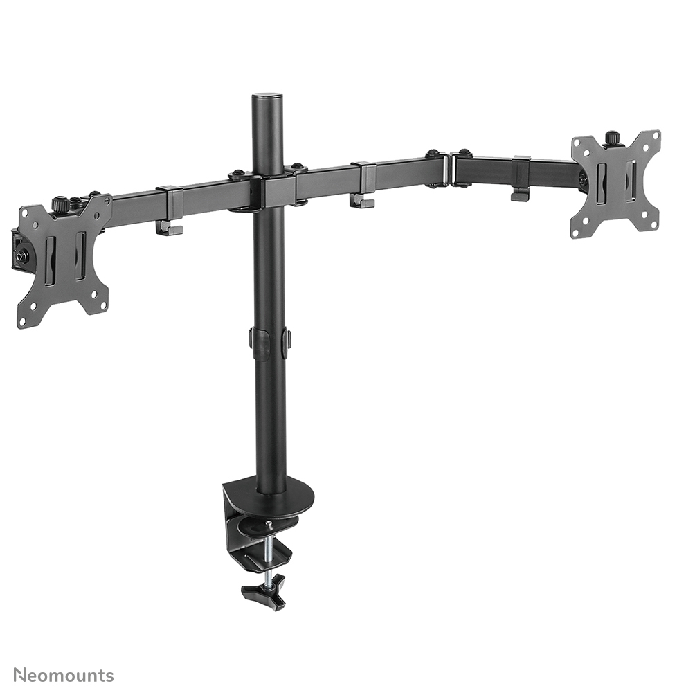 Black dual monitor arm with adjustable joints and clamp base. Holds two monitors, made of metal, white background.