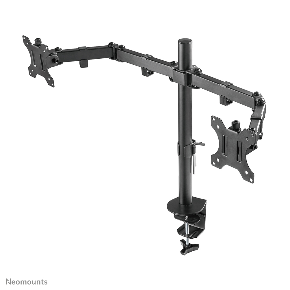 Black dual monitor arm on white. It has a clamp, vertical pole, and articulated arms for adjusting monitor position.