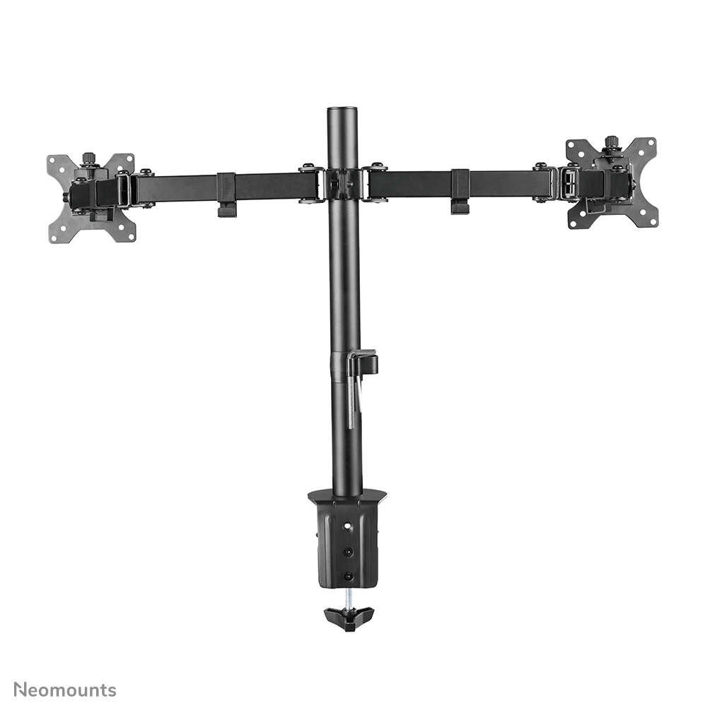 A black dual monitor mount is displayed against a white background. It has a central pole with two horizontal arms.