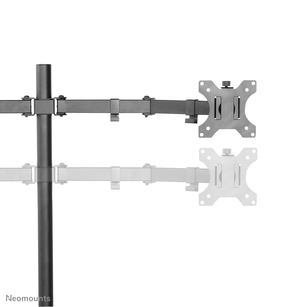 A black and silver monitor mount with two arms extending from a central pole. One arm is in focus, the other is a ghost image.