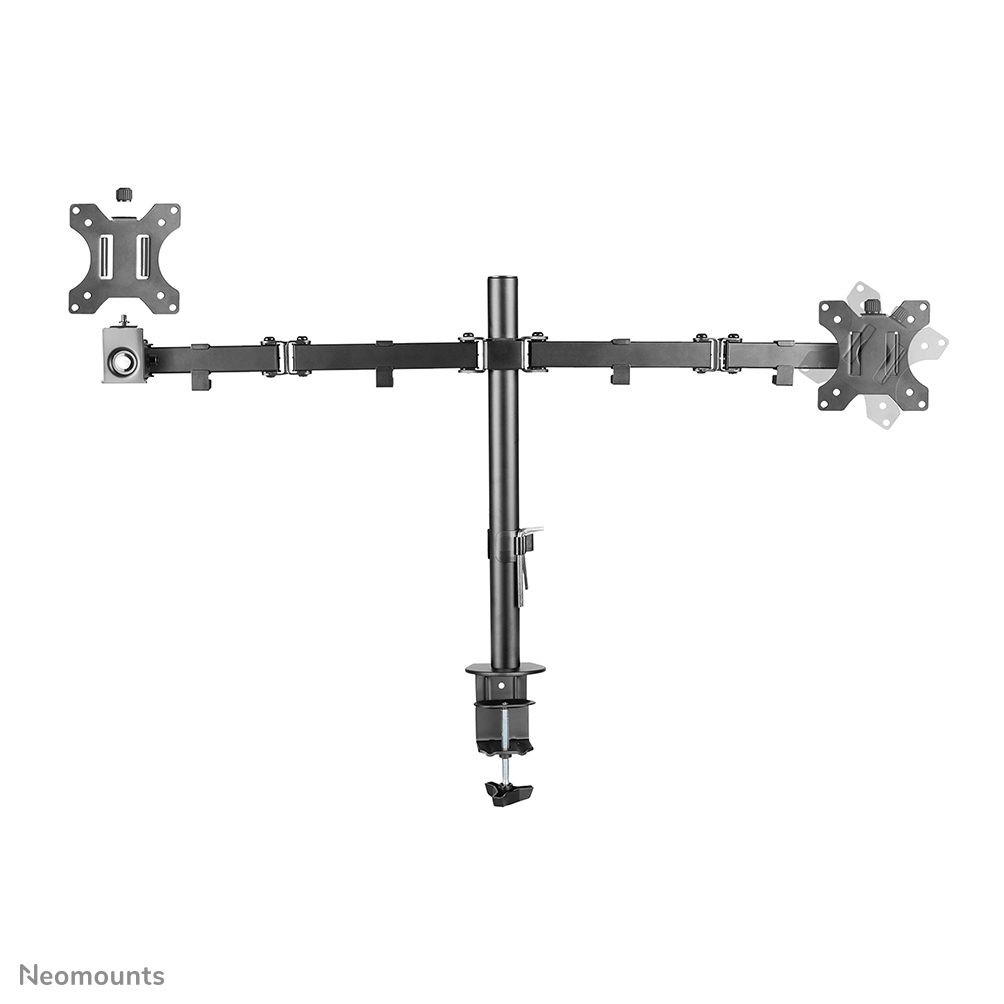 A black monitor arm is displayed on a white background. It has adjustable arms and mounting plates for two monitors.