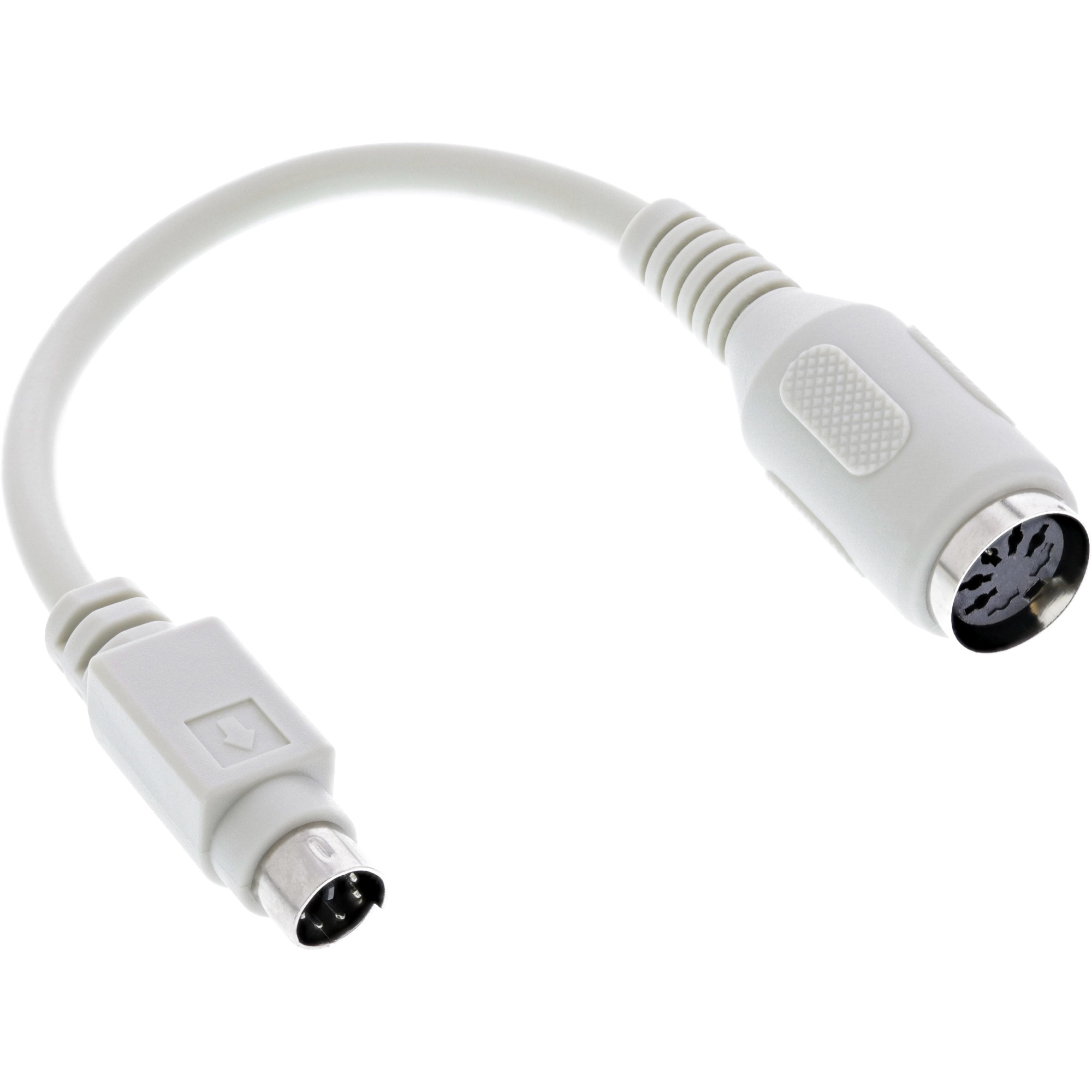Ein weißes S-Video-Kabel, gebogen, mit Steckern an jedem Ende. Ein Stecker hat Stifte, der andere hat Löcher.