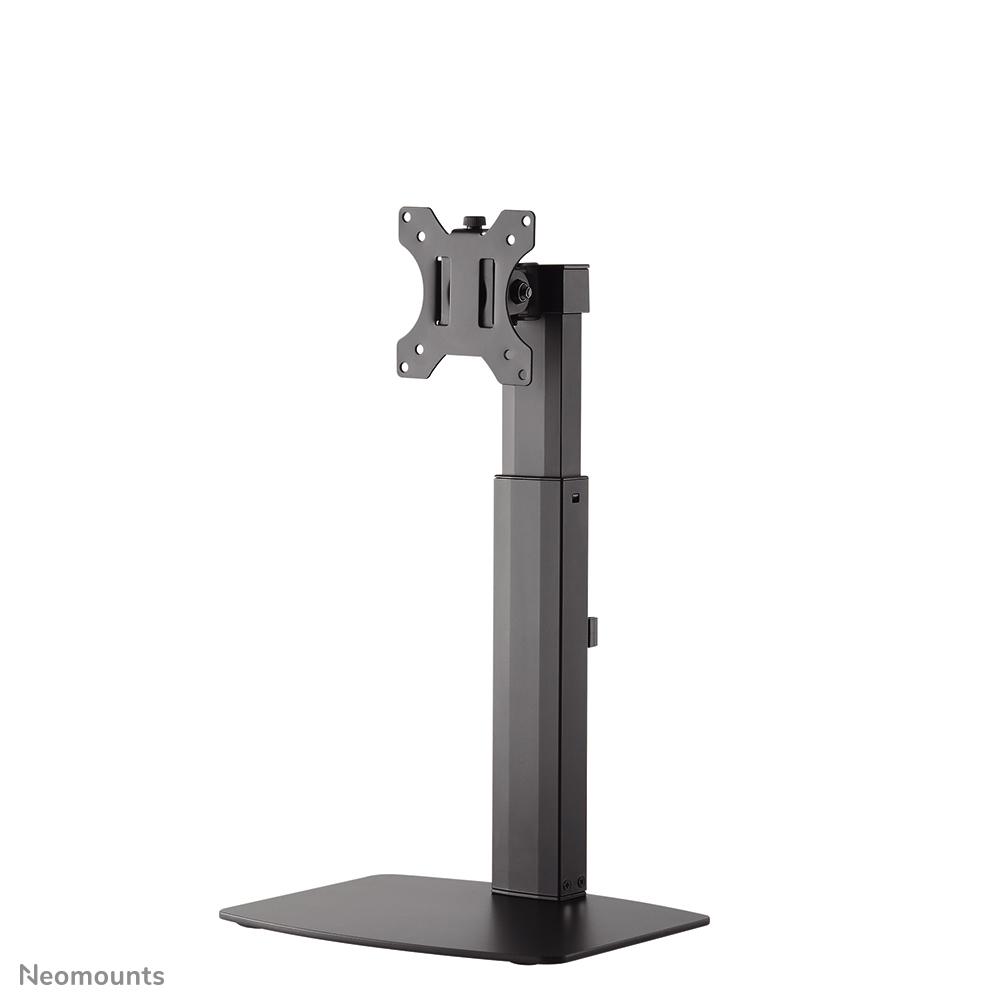 Un support d'écran noir sur fond blanc. Il a une base, une tige verticale et un support pour un moniteur.
