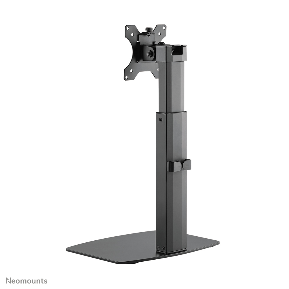 Un support de moniteur noir. Il possède une base, un poteau vertical réglable en hauteur et un support.