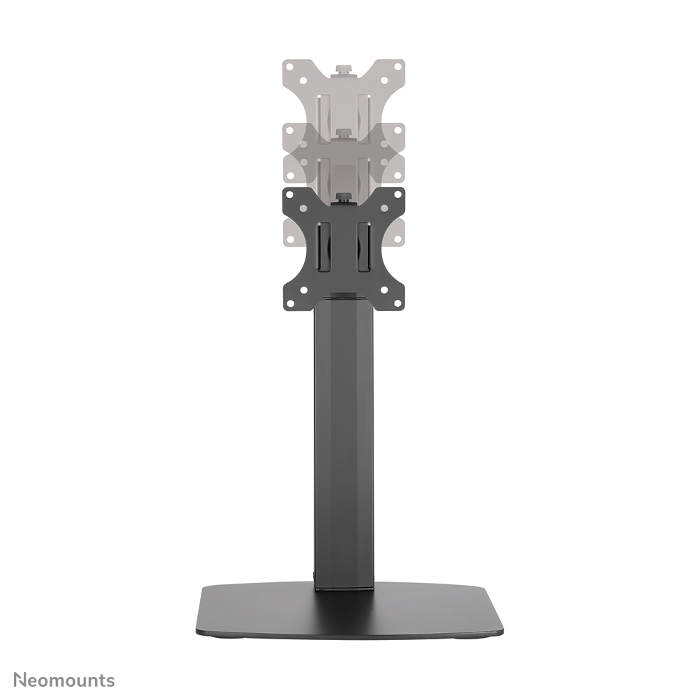 Un support d'écran noir avec hauteur réglable. Il possède une base, un poteau vertical et un support de montage. Le fond est blanc.
