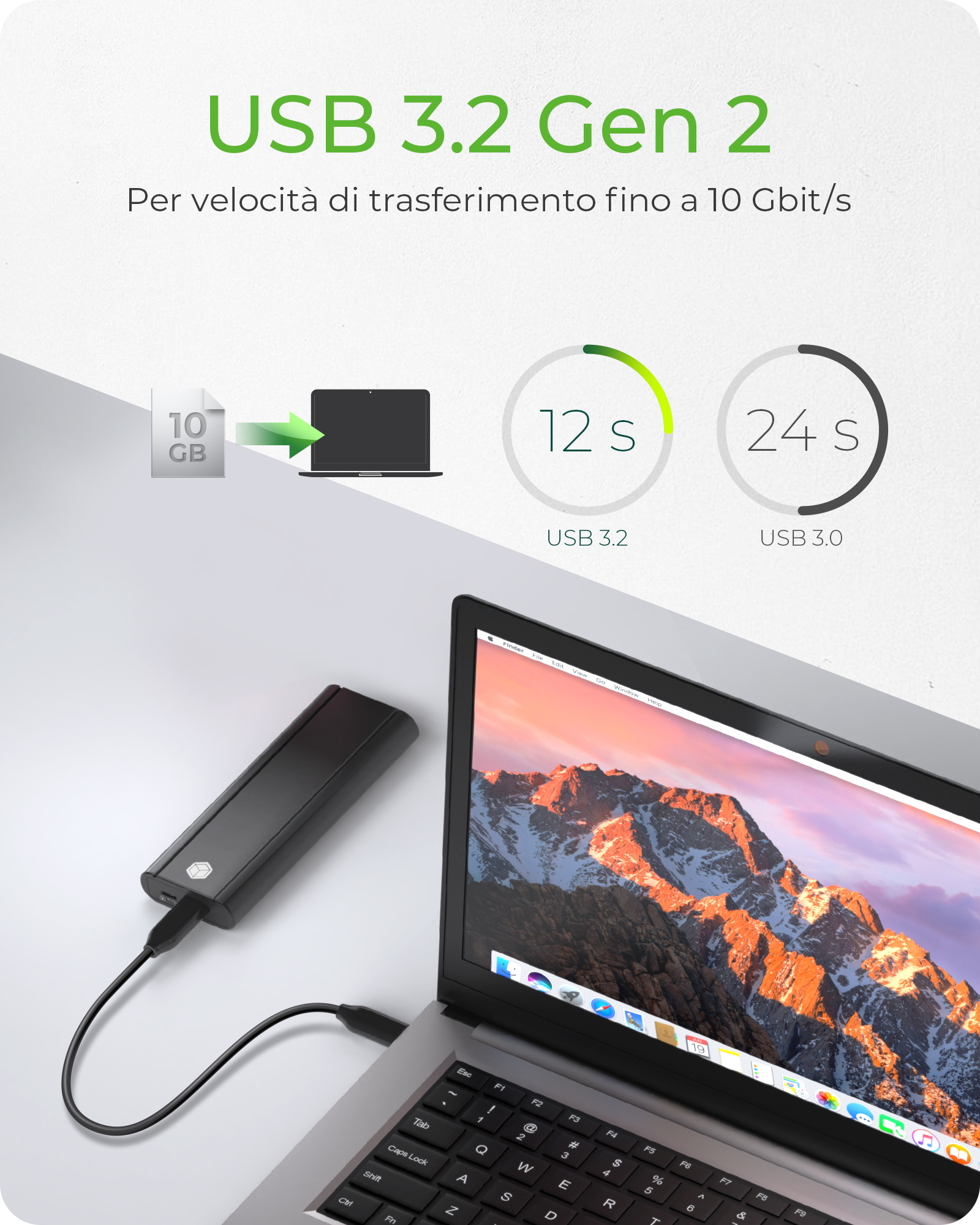 L'immagine mostra le velocità di trasferimento di USB 3.2 Gen 2 rispetto a USB 3.0. Un disco rigido esterno nero è collegato a un laptop.
