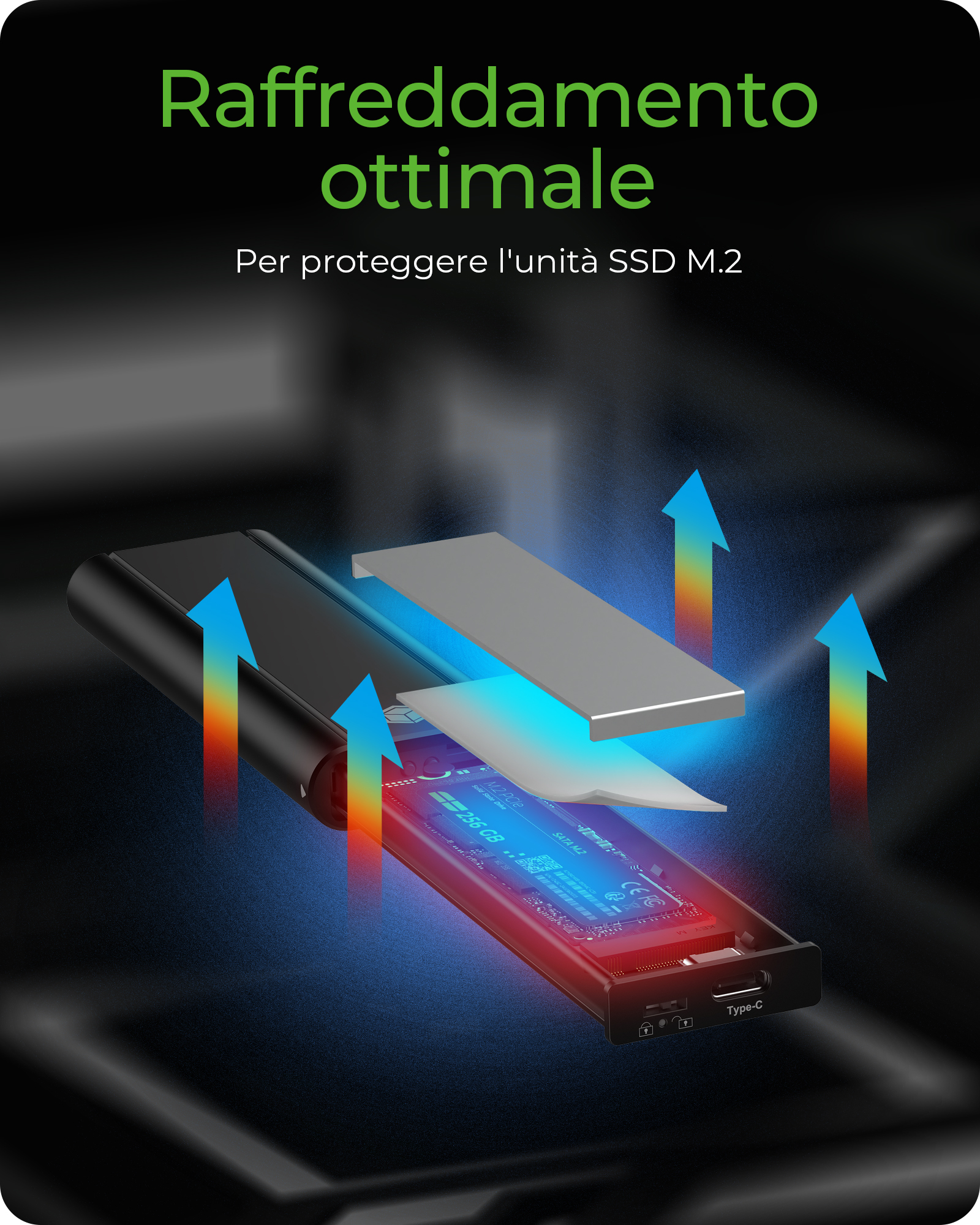 Un'illustrazione che mostra un componente del computer con frecce che indicano il raffreddamento e testo in italiano.