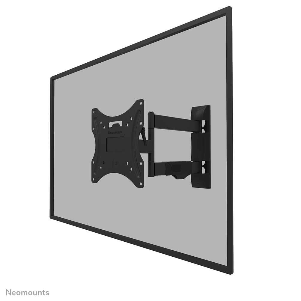 Eine schwarze TV-Wandhalterung ist auf einer grauen Oberfläche befestigt, mit einem schwarzen Rahmen um die graue Oberfläche. Das Logo ist 'Neomounts'.