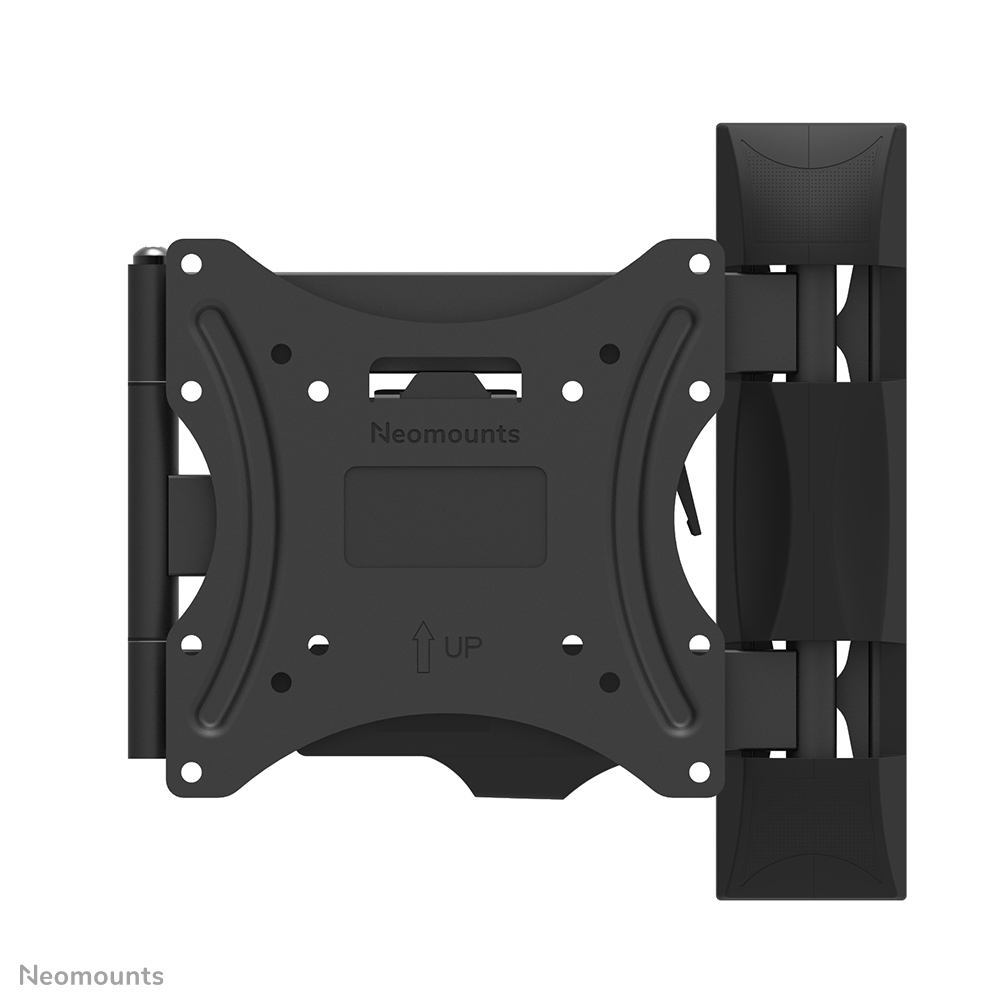 Schwarze TV-Wandhalterung. Sie hat eine quadratische Platte mit Löchern, einen Arm und eine vertikale Platte. Die Marke 'Neomounts' ist sichtbar.