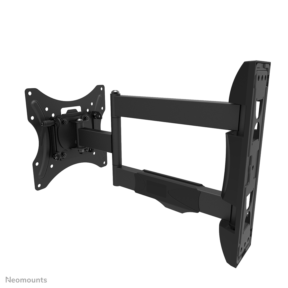Eine schwarze TV-Wandhalterung, bestehend aus einer Wandplatte, einem Gelenkarm und einer TV-Halterung. Der Hintergrund ist weiß.