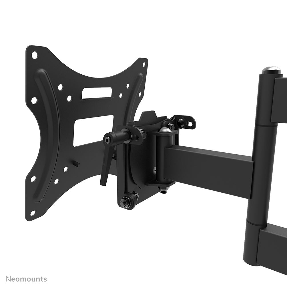 Eine schwarze, bewegliche TV-Wandhalterung. Sie hat eine Halterung, einen Arm und eine Montageplatte. Die Halterung ist für einen Fernseher ausgelegt.