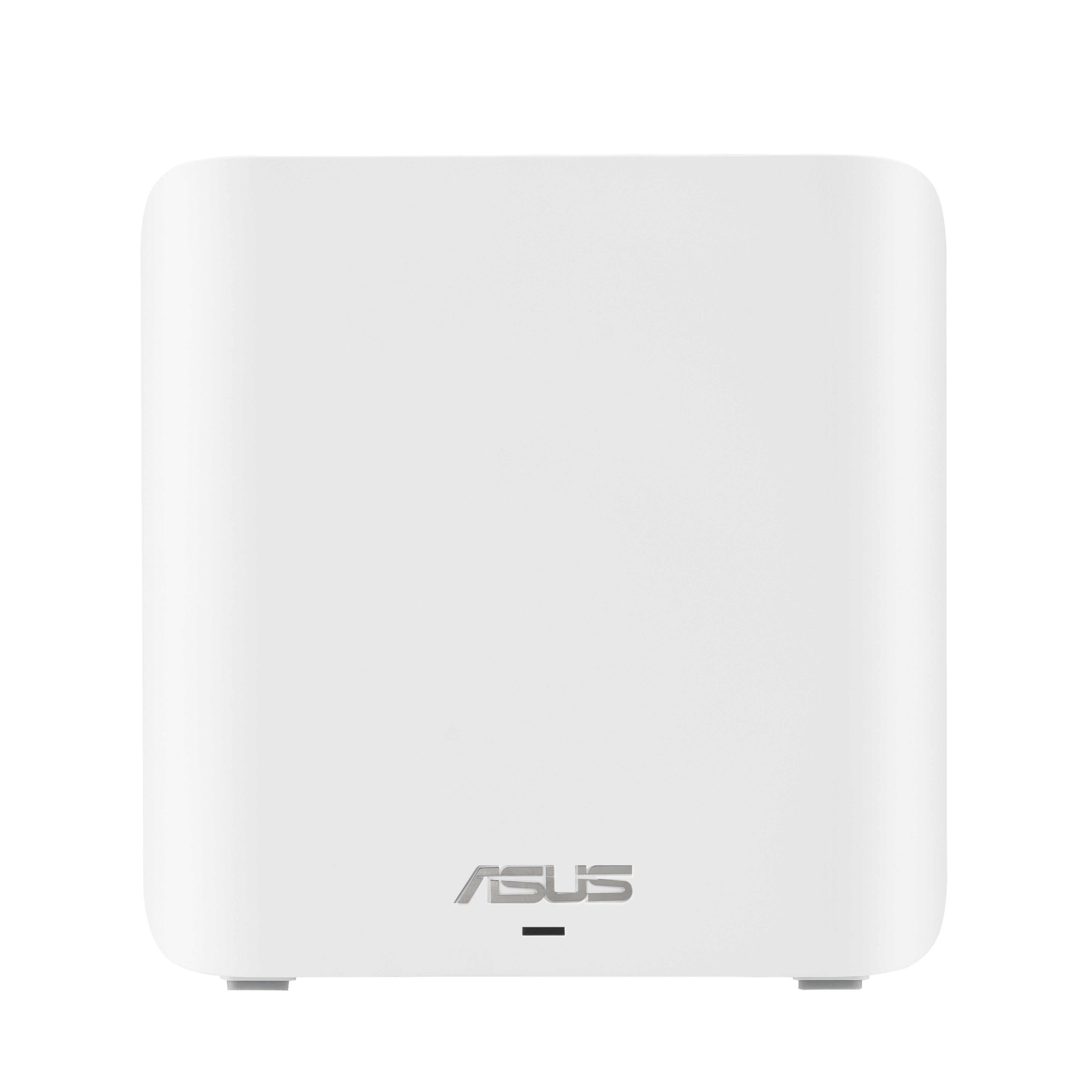 Biały router ASUS z zaokrąglonymi krawędziami, logo ASUS i małą czarną linią na dole.