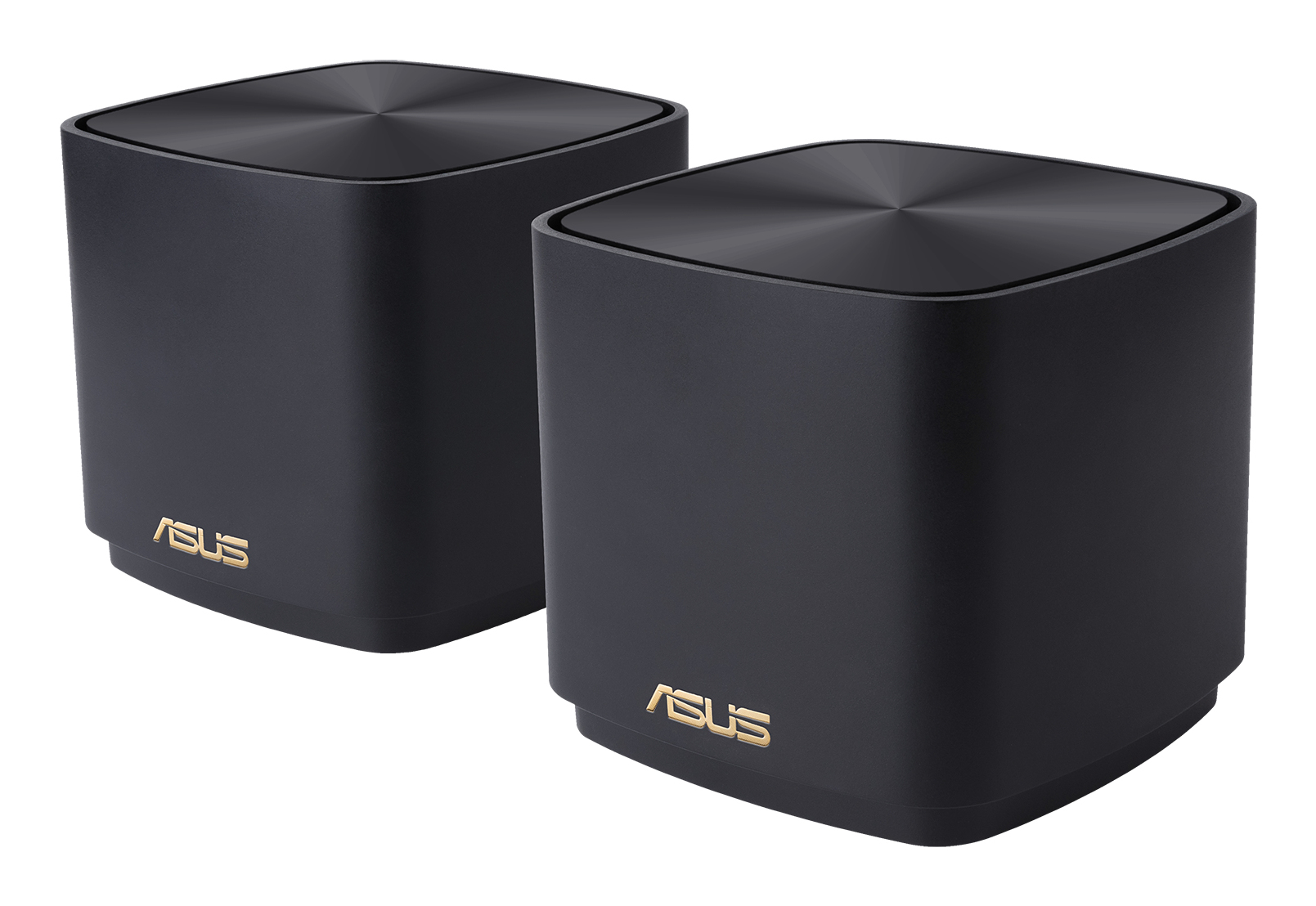 Due router quadrati neri con loghi ASUS dorati. Top metallici. Sfondo bianco.