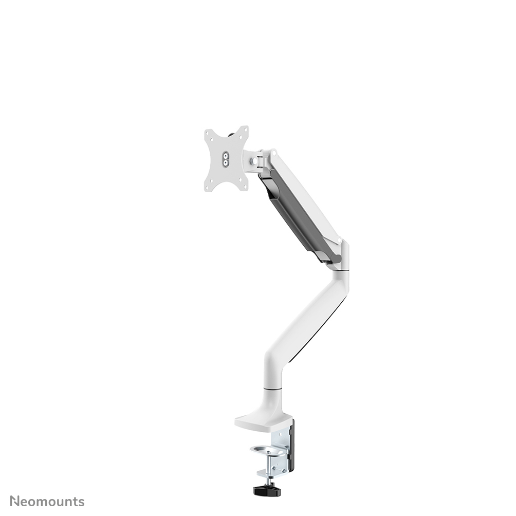 A white monitor arm with a clamp base, supporting a screen mount. The arm has adjustable joints and is set against a white background.