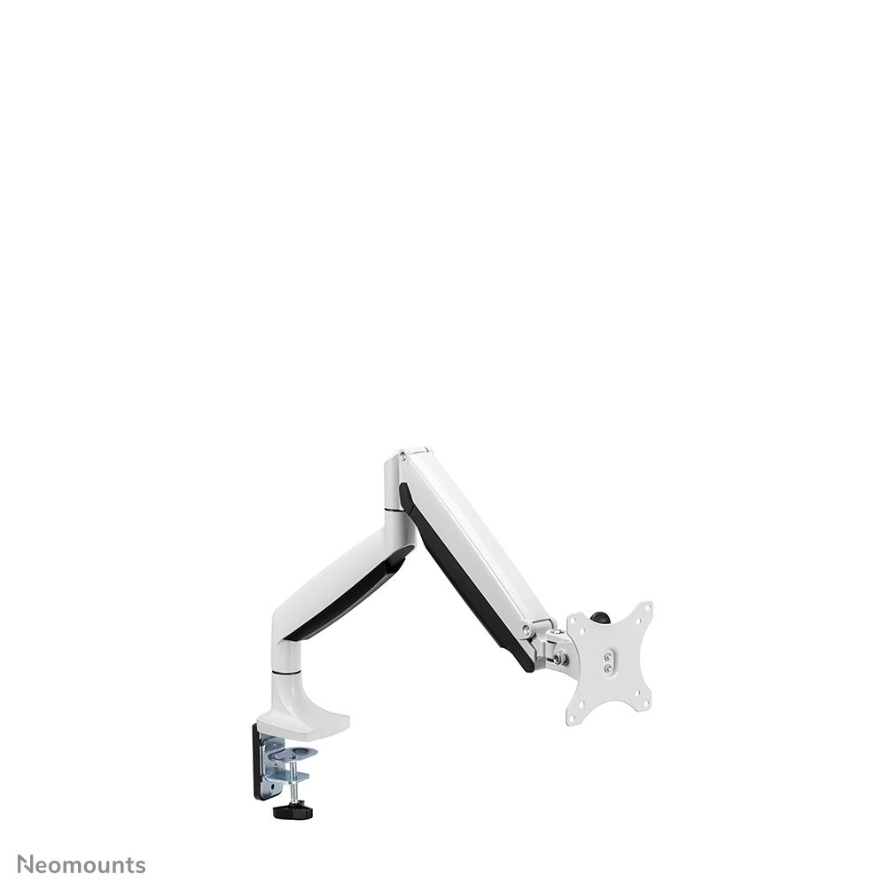 A white monitor arm with black accents and a mounting plate is on a white background. A clamp is at the bottom.