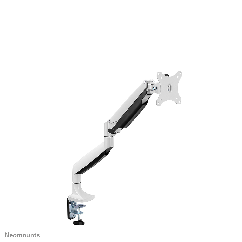 A white and black monitor arm is displayed against a white background. The arm is in a curved shape, with a clamp at the bottom.