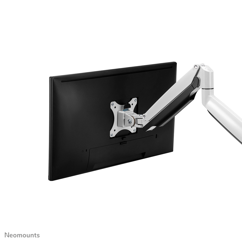 A black computer monitor is mounted on a white and gray arm. The monitor's back is visible, showing the mounting bracket.
