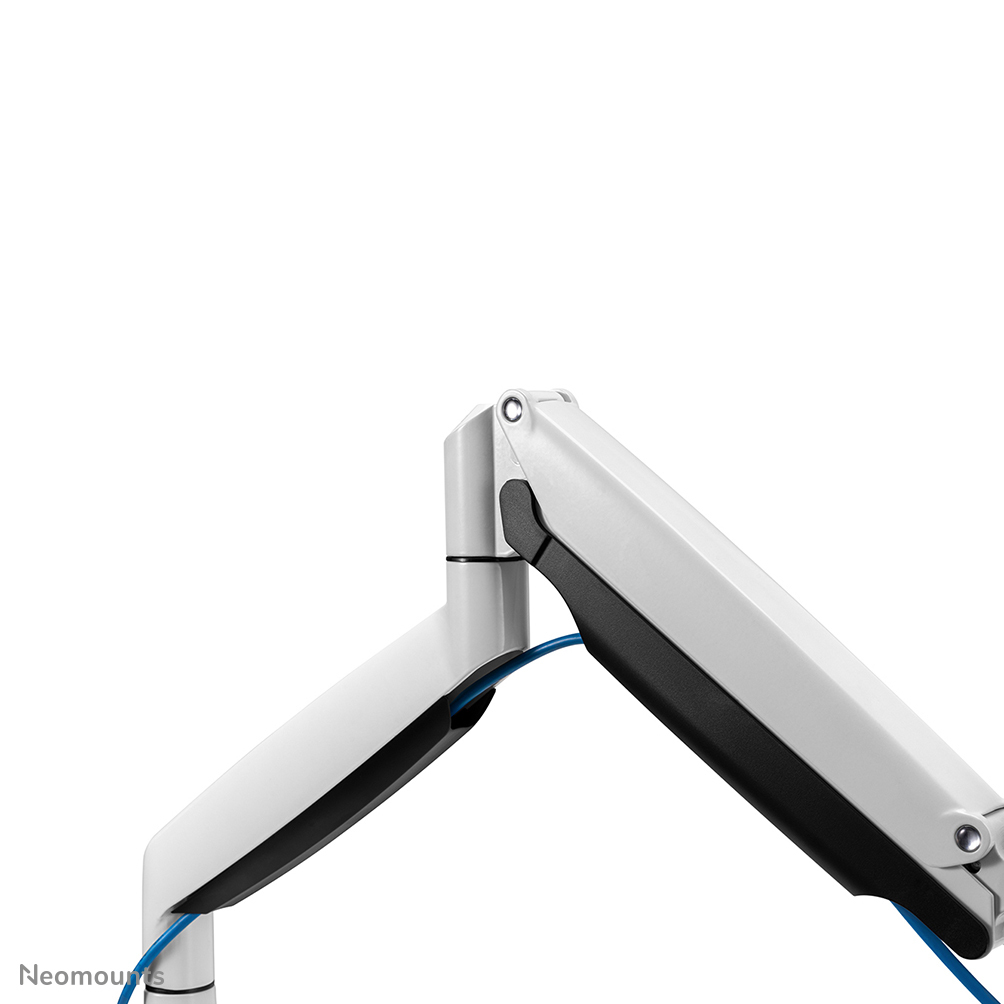 A white and black articulated arm for a monitor, with a blue cable running through it. The background is white.