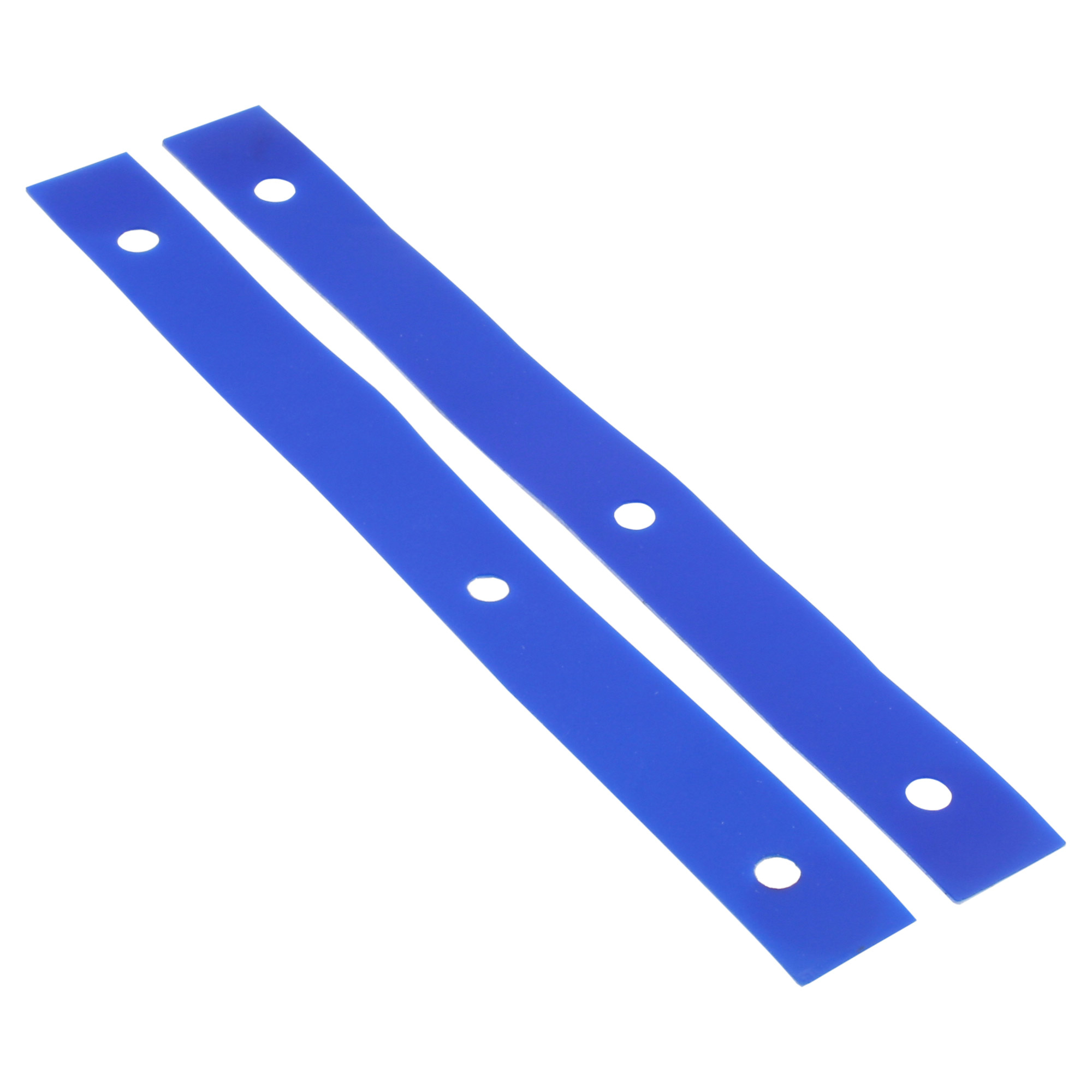 Zwei blaue Streifen mit Löchern auf weißem Hintergrund. Sie sind diagonal ausgerichtet.