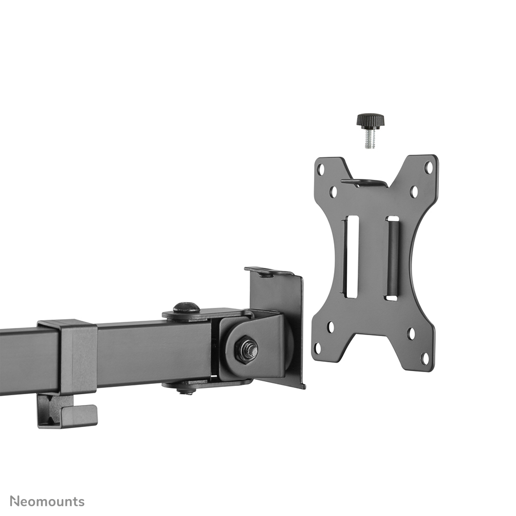 Schwarze Monitorhalterungsteile auf Weiß. Enthält eine Halterung, einen Arm, eine Schraube und eine Montageplatte mit Löchern.