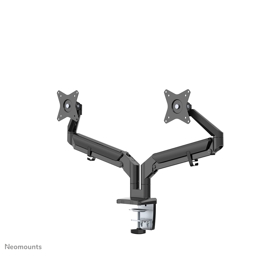 A black dual monitor arm, with two monitor mounts connected to a central clamp. The background is white.