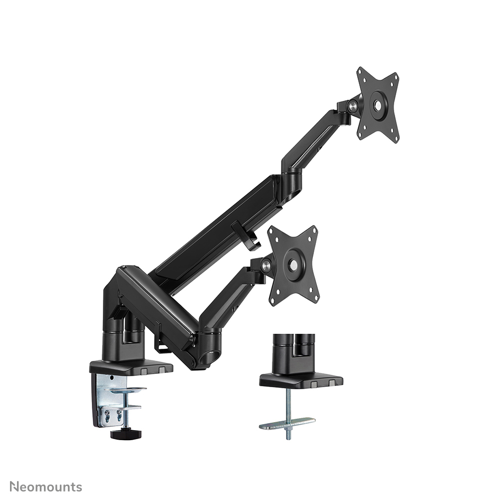 A black dual monitor arm on a white background. It includes clamps, arms, and mounting plates for the monitors.