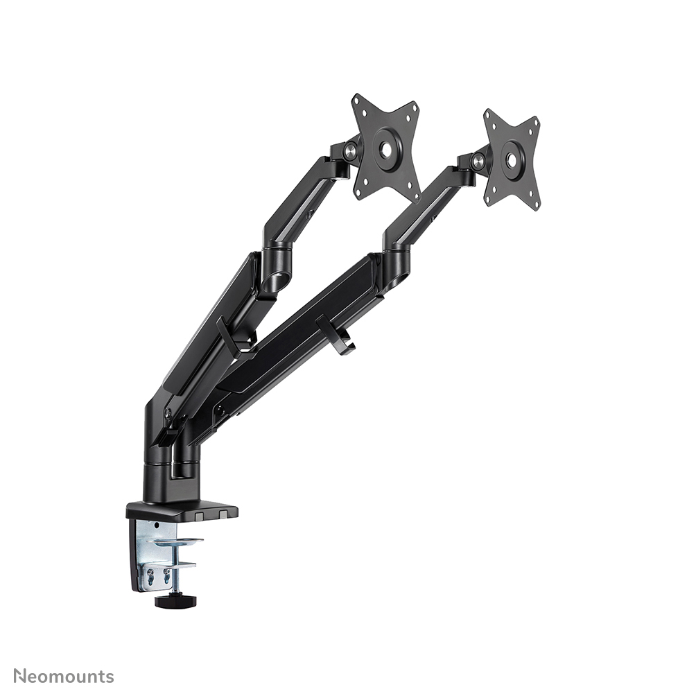 A black dual monitor arm on a white background. It has adjustable joints and a clamp for desk mounting.