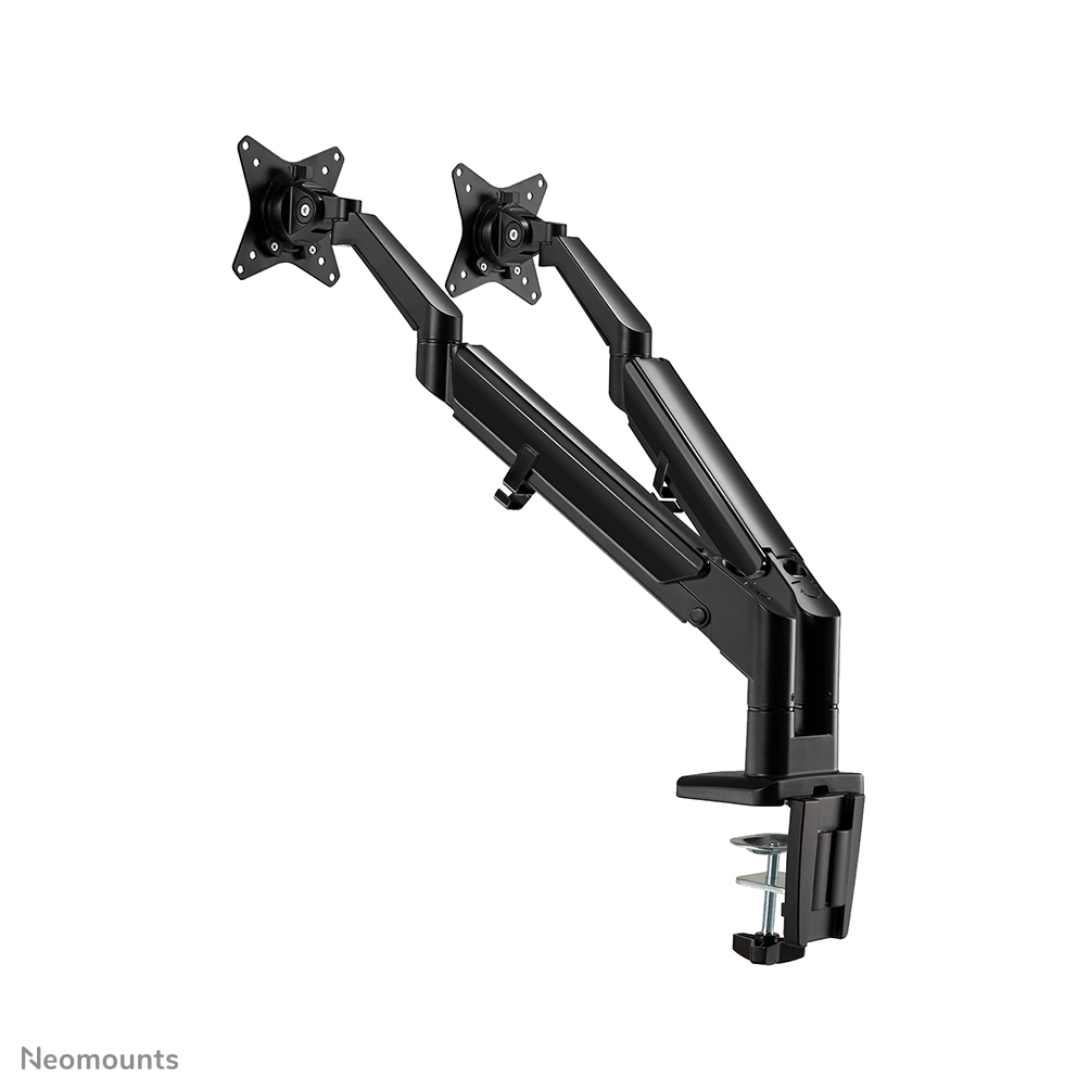 A black dual monitor arm. It has two VESA mounts, adjustable arms, and a desk clamp. The background is white.