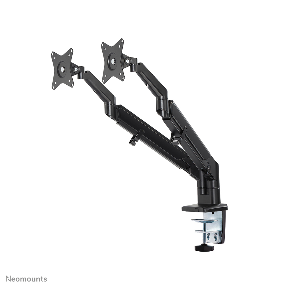 A black dual monitor arm on a white background. The arm has two VESA mounts and a desk clamp.