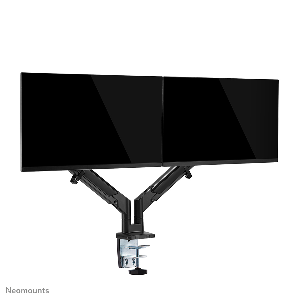Two black computer monitors are mounted on a black arm with a desk clamp, against a white background.