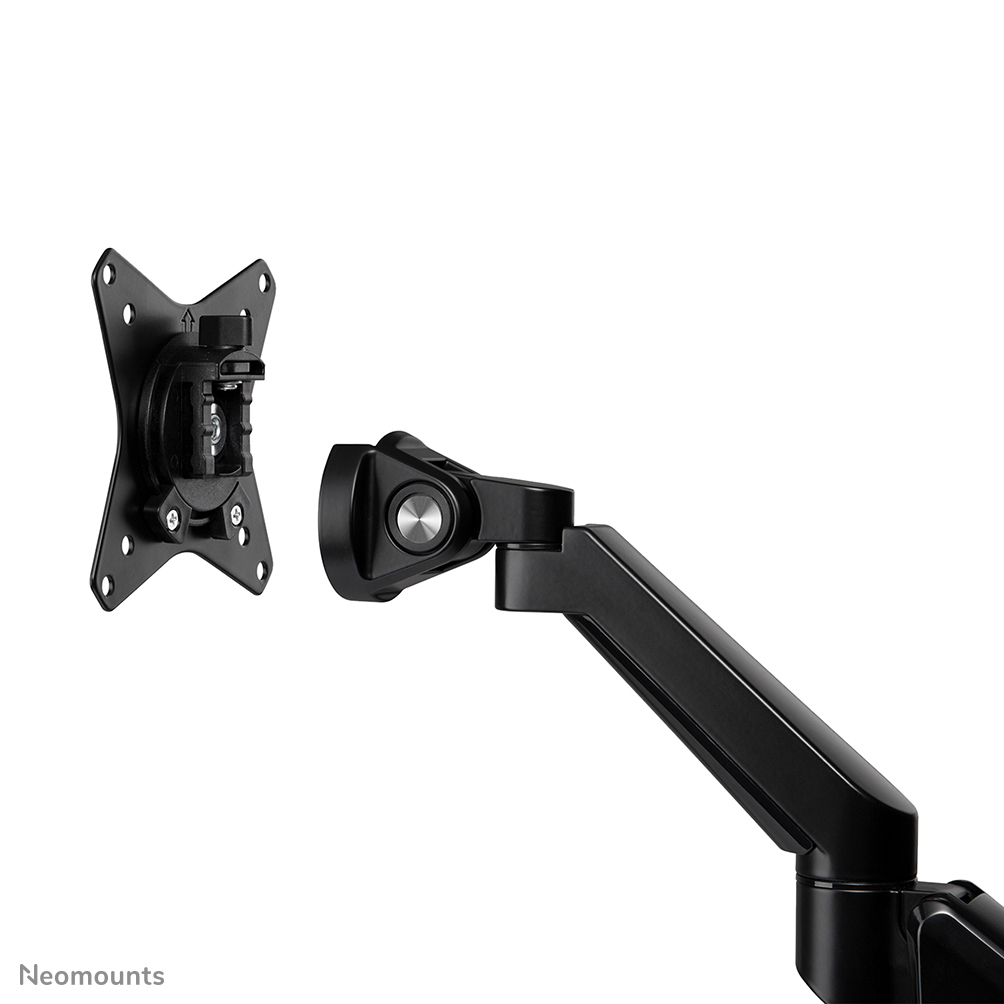 A black monitor arm, with a bracket and a joint, isolated on white background. The bracket has holes for screws.