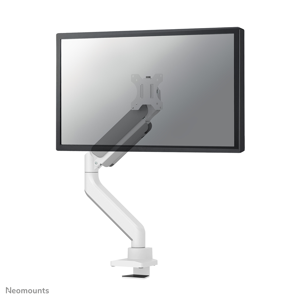 Ein Computermonitor ist an einem weißen Arm befestigt. Der Monitor ist schwarz, und der Hintergrund ist weiß.