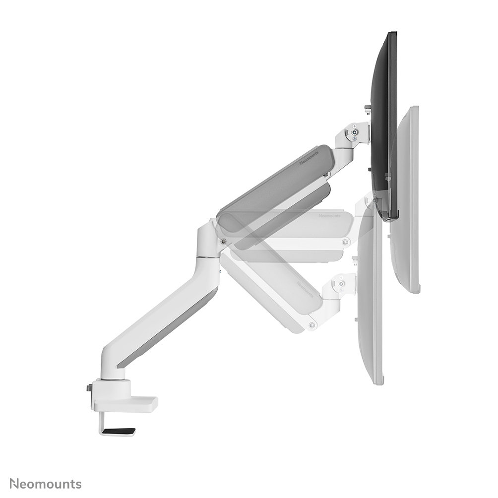 Weiß-grauer Monitorarm, der zwei Monitore hält. Der Arm ist auf einer weißen Basis montiert. Neomounts-Logo sichtbar.