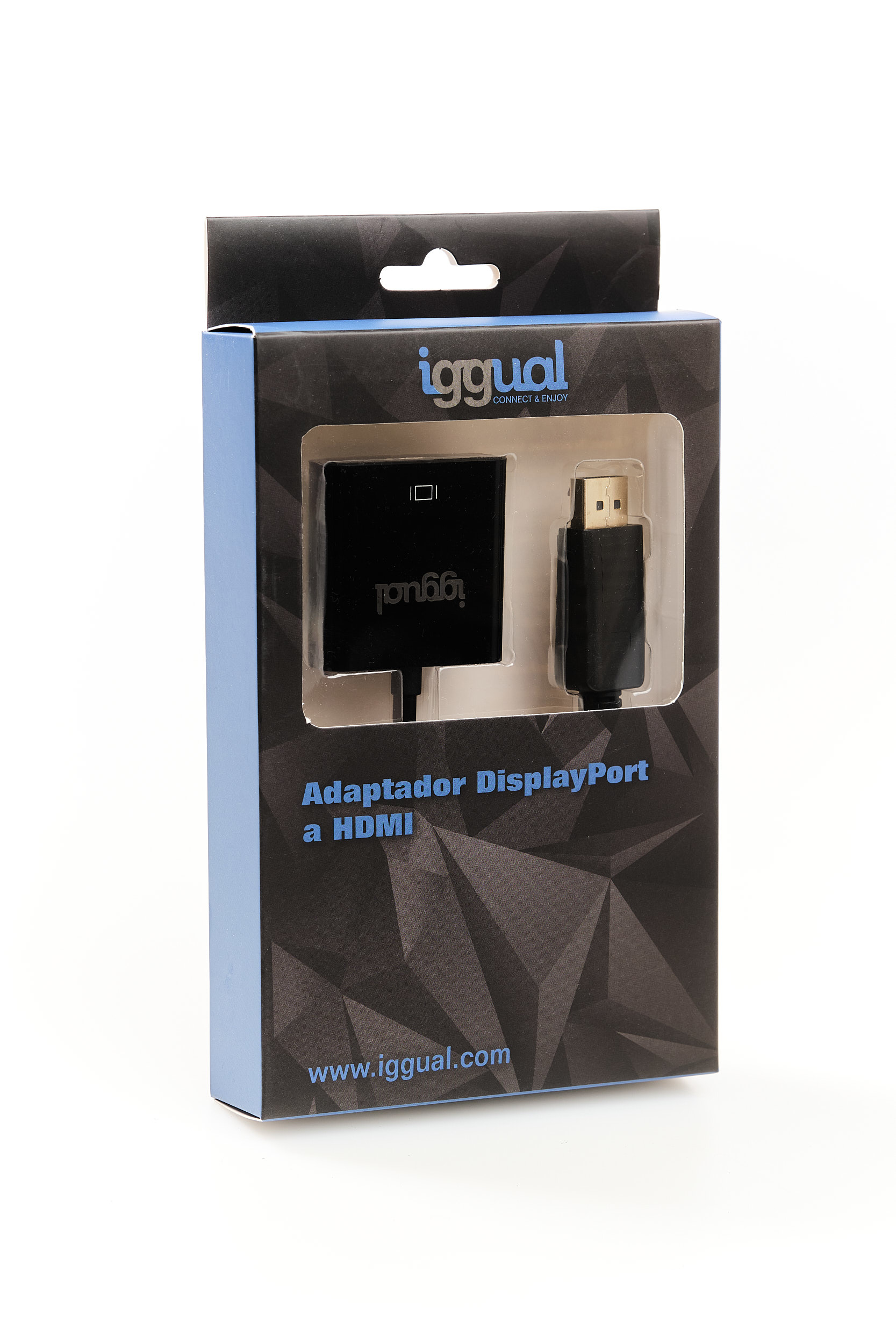 Adaptador DisplayPort a HDMI Iggual en caja. Cables adaptadores negros en plástico transparente. Caja azul y negra con texto.