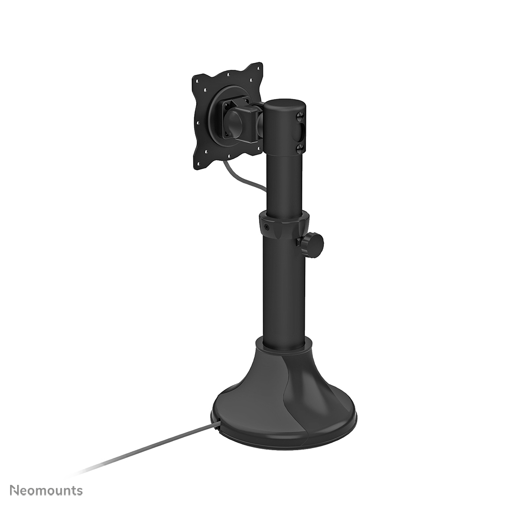 Een zwarte monitorstandaard met een ronde voet en een verticale paal. Bovenop een kleine monitorhouder. Een kabel is zichtbaar.