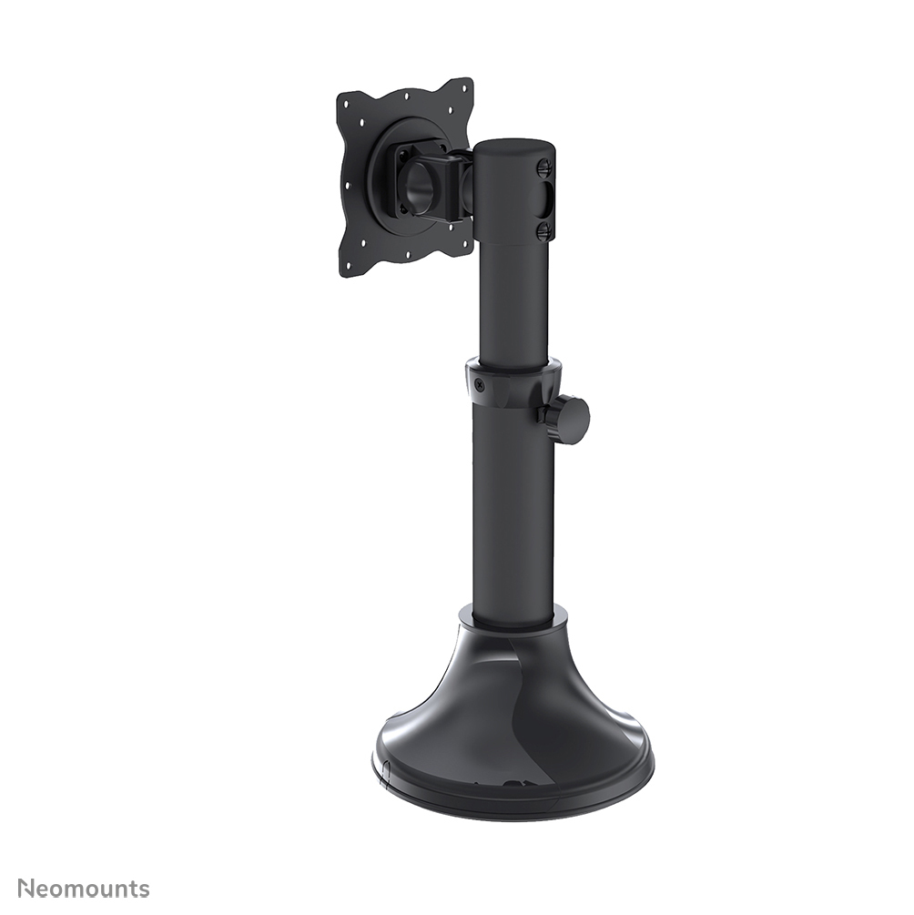 Een zwarte monitorstandaard. Het heeft een voet, een centrale paal en een beugel om een ​​monitor vast te houden. De achtergrond is wit.