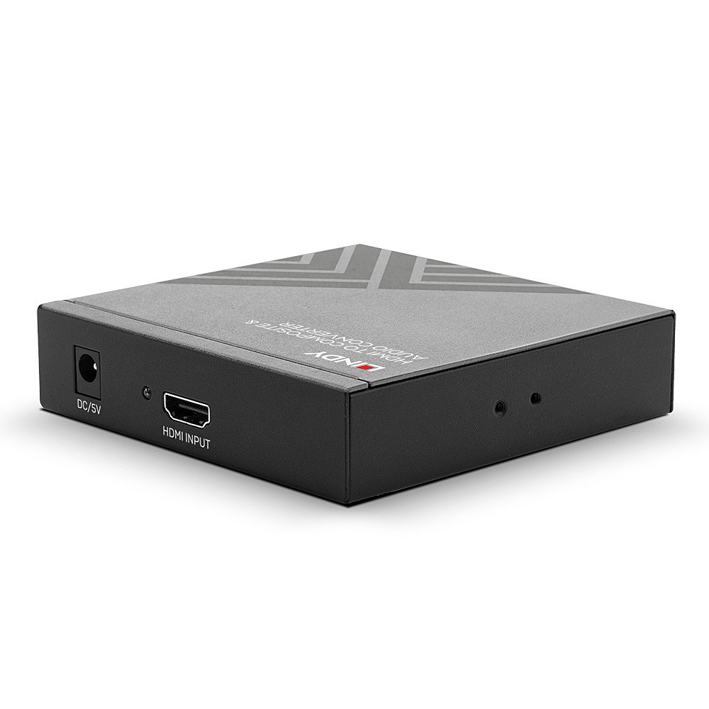Ein schwarzer HDMI-zu-Composite-Audio-Konverter. Er hat einen HDMI-Eingang, einen DC/5V-Anschluss und eine graue Oberseite mit Design.