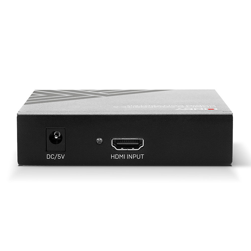 Ein schwarzer HDMI-Konverter mit HDMI-Eingang, DC/5V-Anschluss und einer Betriebsanzeige. Die Oberseite ist silberfarben mit Text.