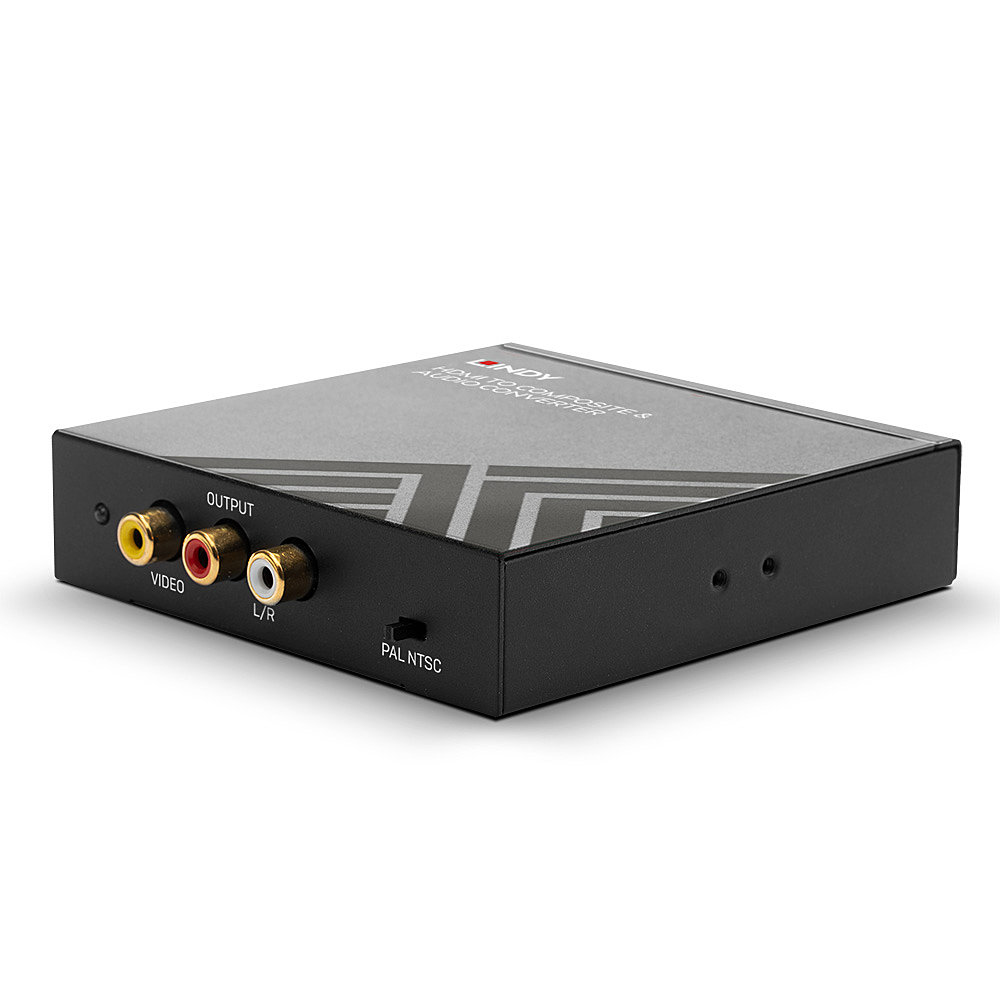 Ein schwarzer HDMI-zu-Composite-Audio/Video-Konverter. Er hat Ausgangsanschlüsse für Video und L/R-Audio. Auf dem Etikett steht PAL/NTSC.
