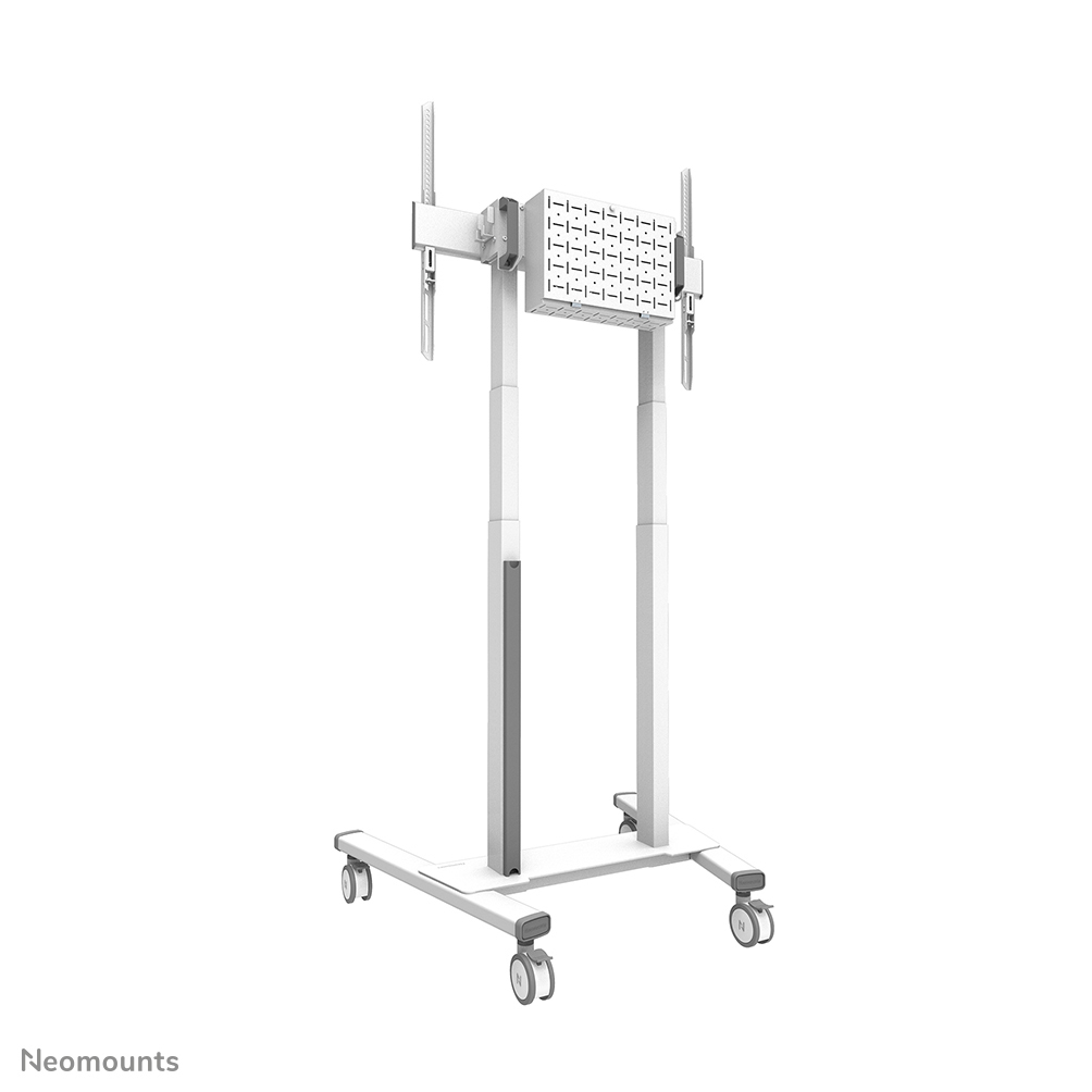 Un supporto TV bianco con supporto schermo, su ruote. Ha due pali verticali e un supporto schermo rettangolare con fori.