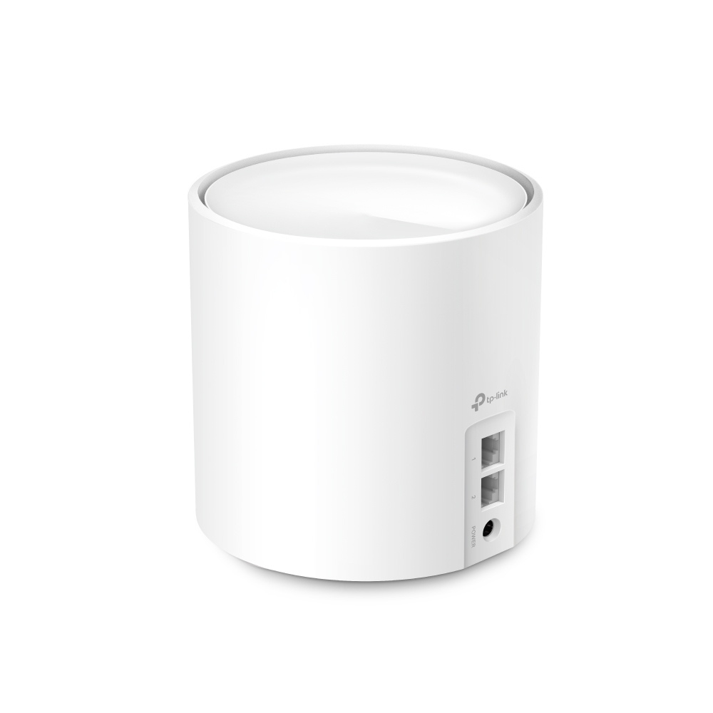 Un router TP-Link cilindrico bianco su sfondo bianco. Ha porte, un ingresso di alimentazione e il logo TP-Link.