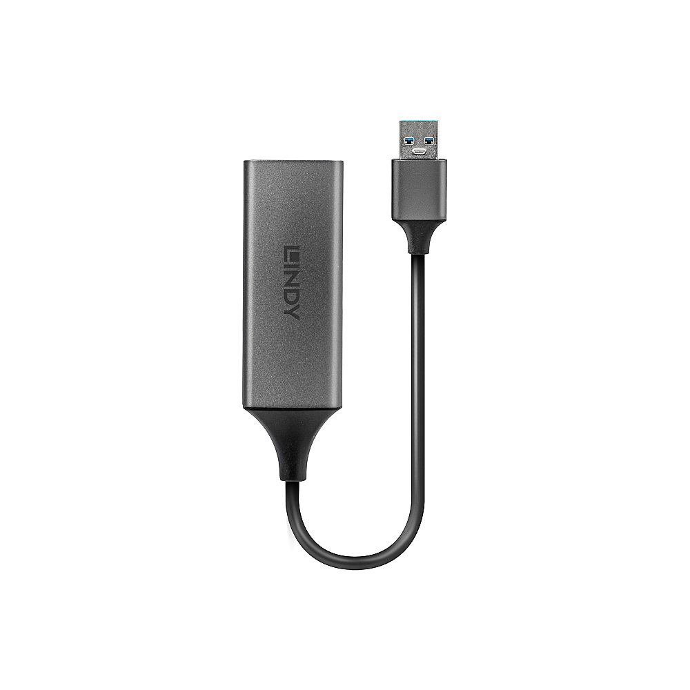 Un cable adaptador USB Lindy gris sobre fondo blanco. Tiene un conector USB, un cable negro y un adaptador gris.