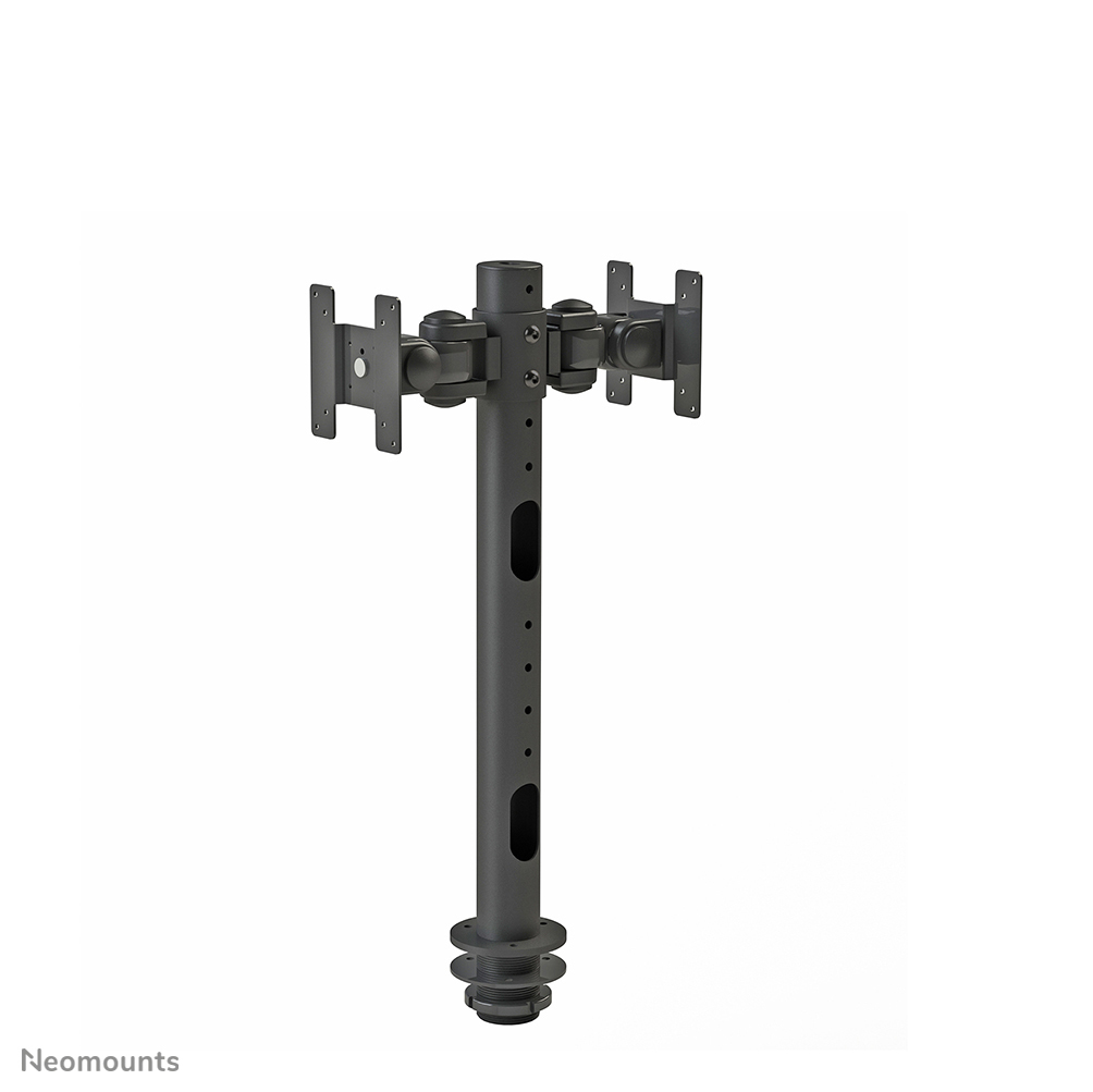 A gray monitor stand. It has a central pole with two monitor mounts on top. The base has circular ridges.