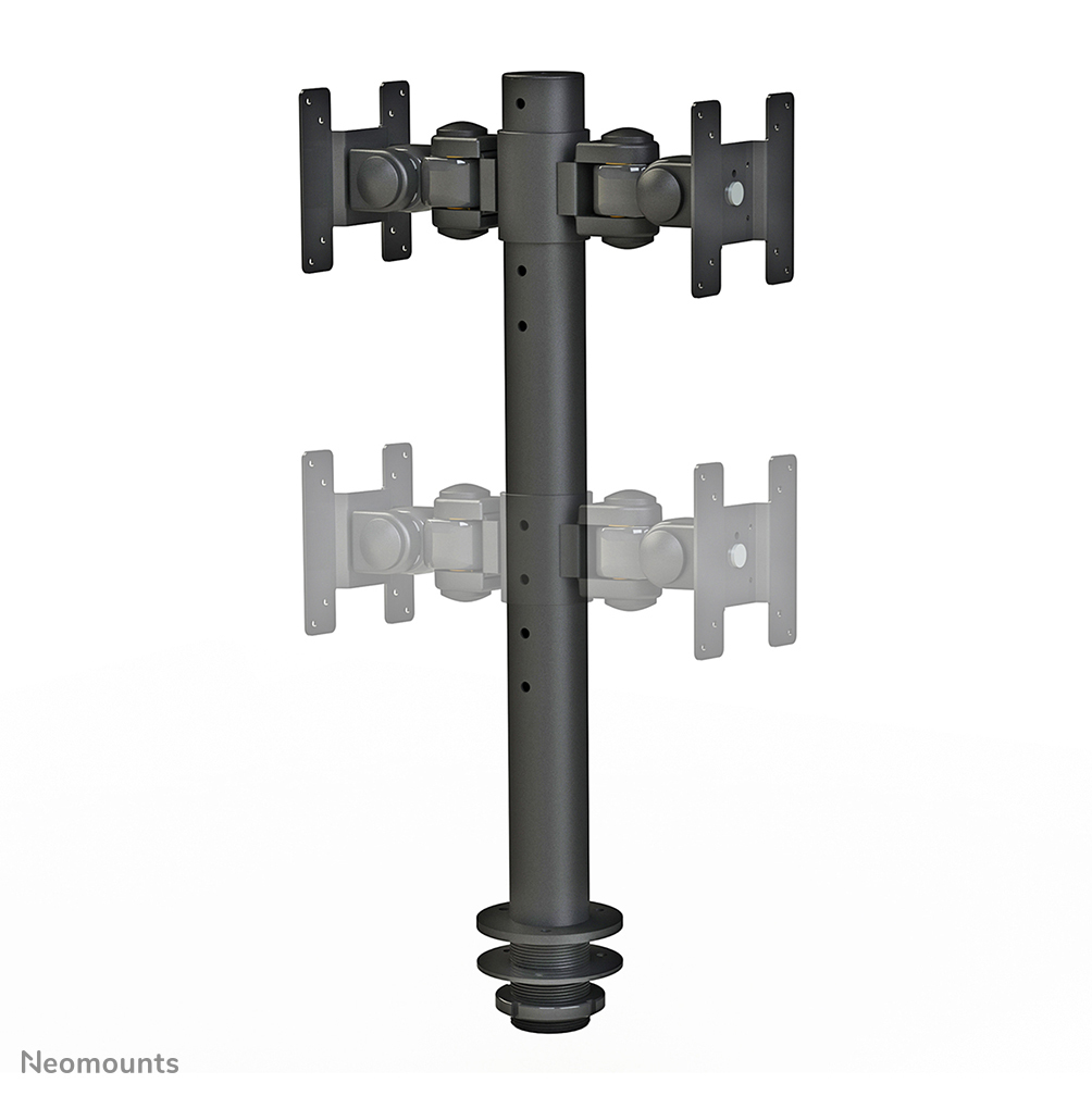 A dark gray dual monitor mount. It has a central pole with adjustable arms for mounting two monitors. The base has threads.