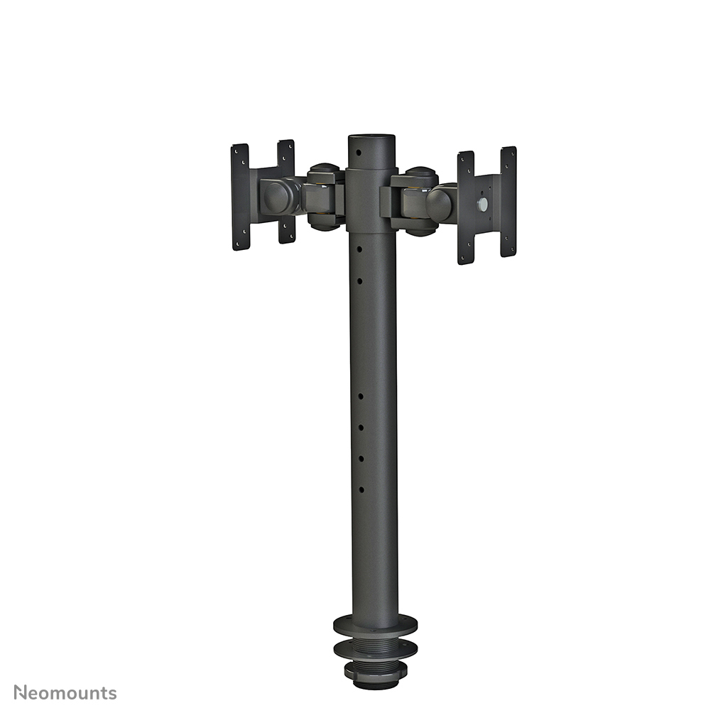 A dark gray dual monitor mount. It has a central pole with adjustable arms for mounting two monitors. The base has threads.