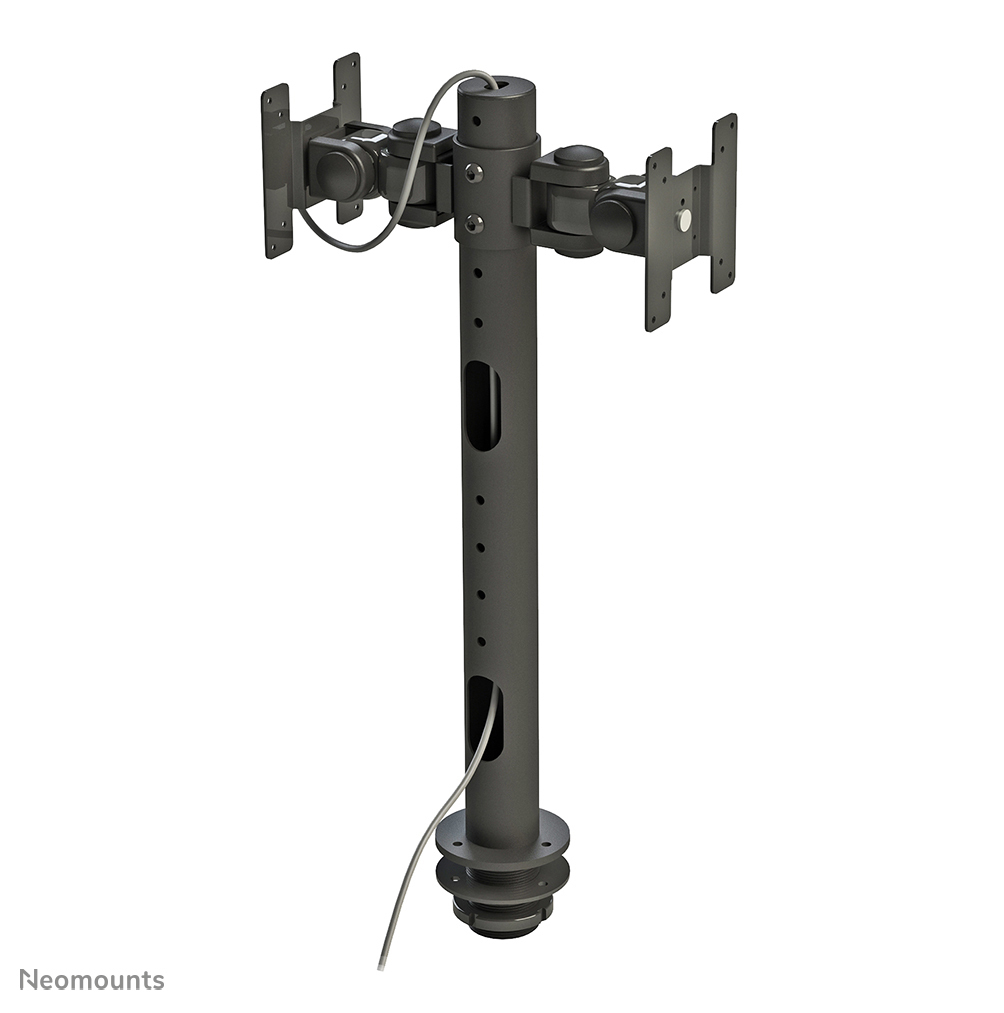A dark gray dual monitor stand. It has a central pole with holes, two arms for monitors, and a base. Cables run through it.