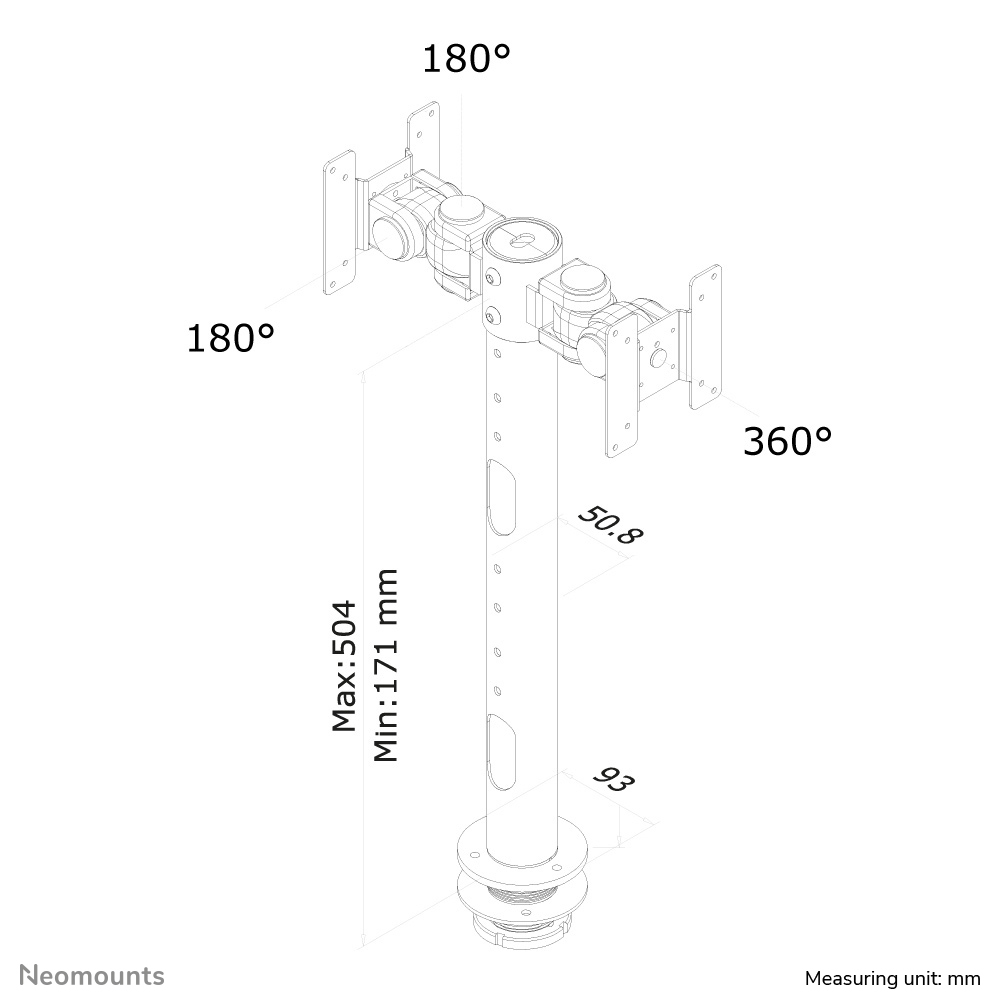 Isometric view of a monitor mount with dimensions and angles labeled. The base is circular. It has 180 and 360 degree rotation.
