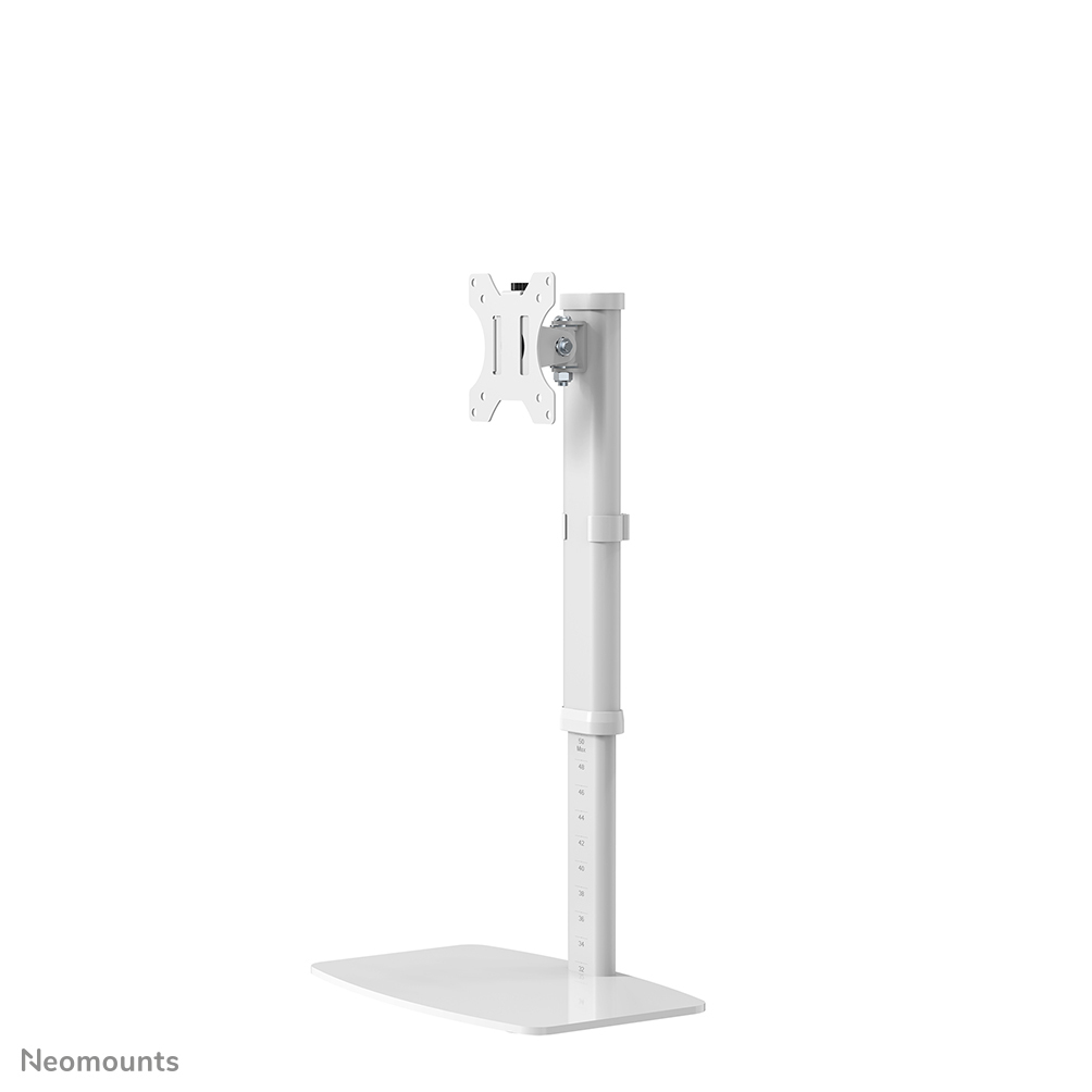 Een witte monitorstandaard met een vierkante basis, een verticale paal en een beugel om een monitor te bevestigen, tegen een witte achtergrond.